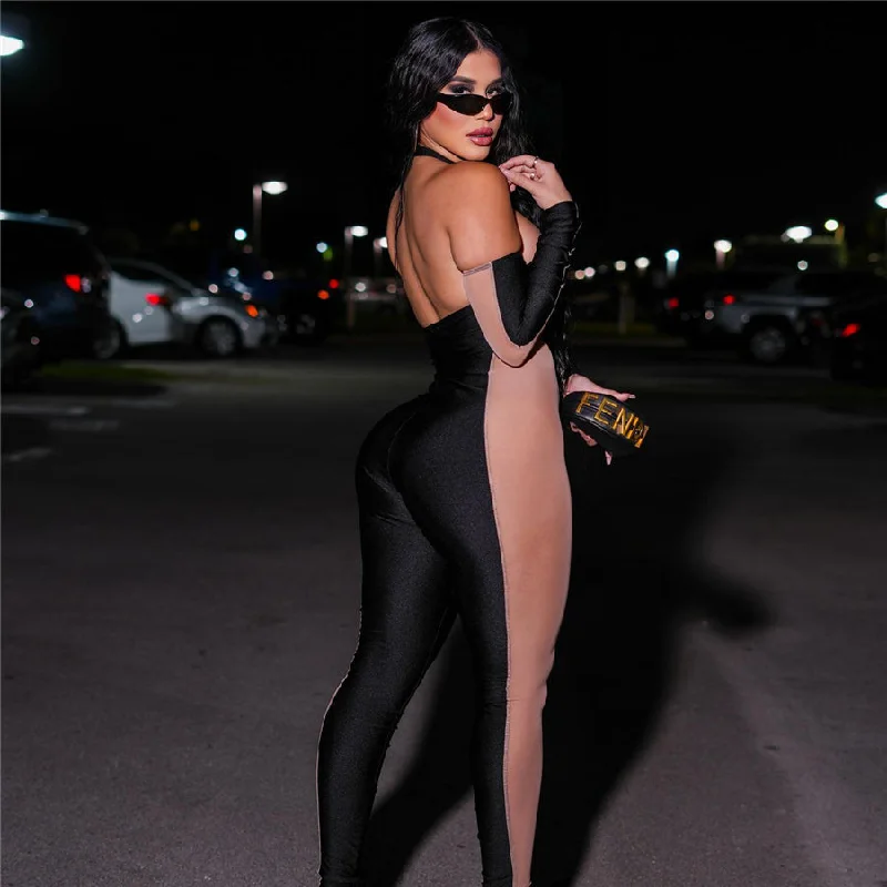 Kliou K22S23975 see through tight fit ladies jumpsuits removable sleeve bodycon sexy mesh jumpsuit