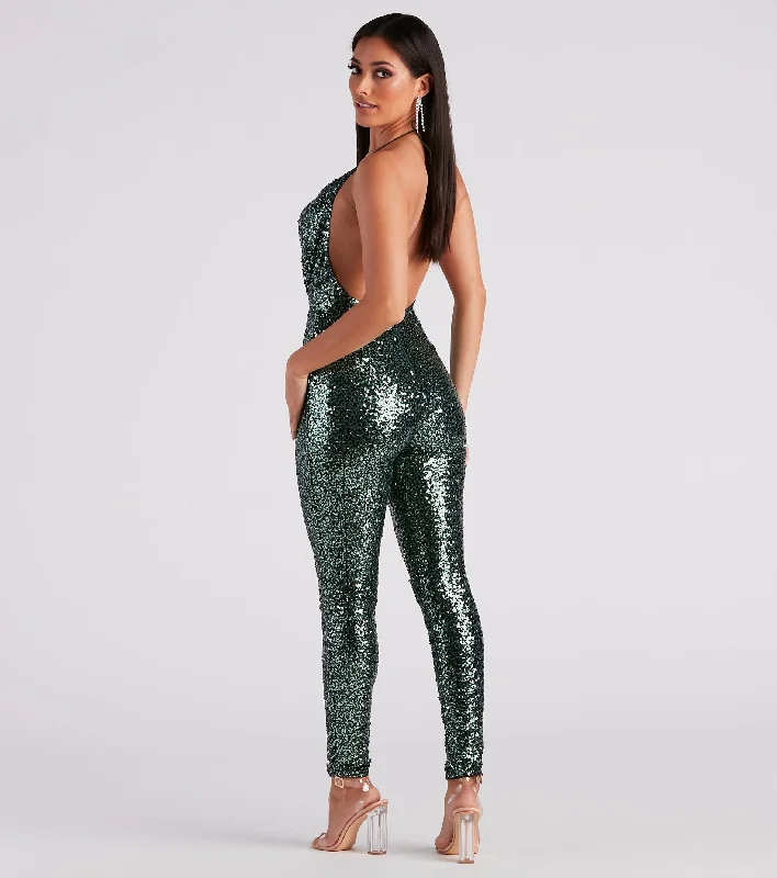 Stunning Shine Sequin Halter Catsuit