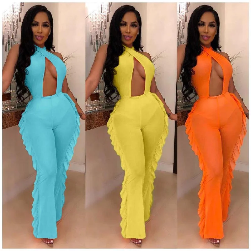 women cut out sexy mesh ruffle jumpsuit backless