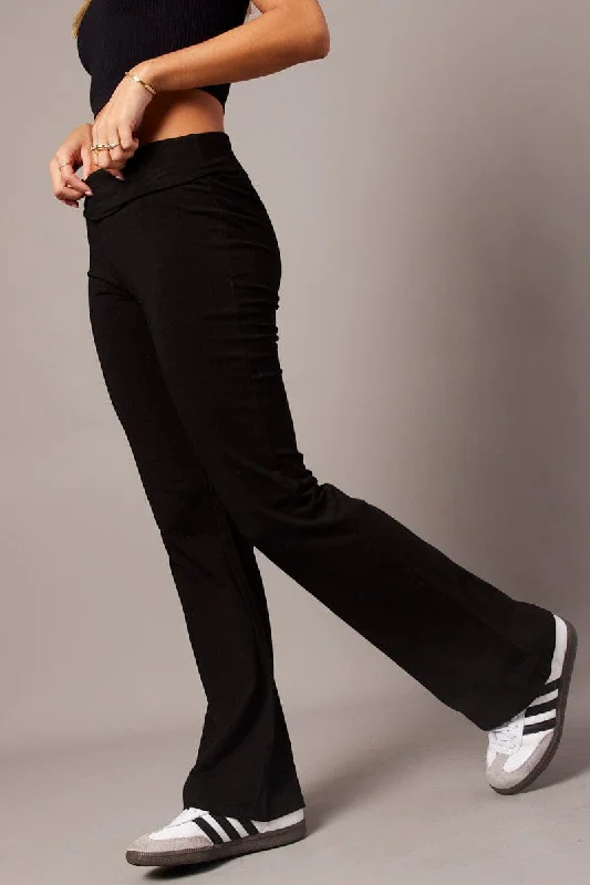 Black Leggings Mid Rise Fold Over Waist Flared Leg